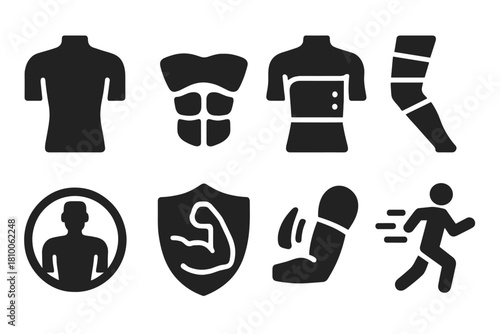 Pneumatic Therapy Icons. Solid style icons of pneumatic therapy for men: masculine torso glyph, abdominal tone arc, chest wrap