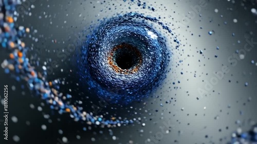 Particles swirl and fly into a dark vortex, concept of energy, motion, and abstract dynamics