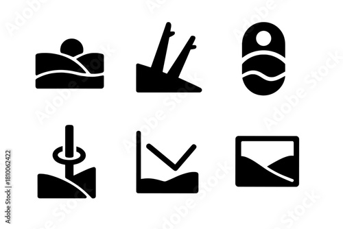 Optical Illusion Icons. Solid style icons of optical illusions at hills: horizon trick glyph, angled trees icon, strange badge.