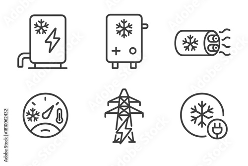 Cryogenic Power Icons. Line style icons of cryogenic power systems: cryo-electric generator, low-temp fuel cell, superconducting