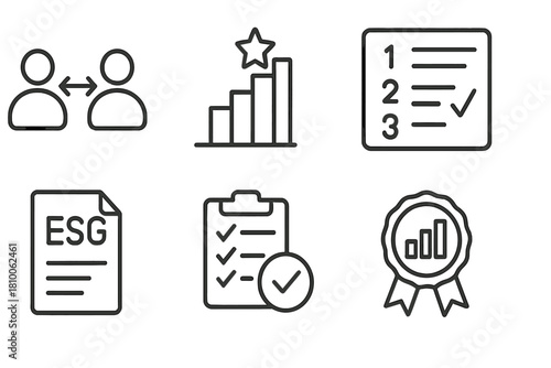 ESG Benchmark Icons. Line style icons of ESG benchmarking: peer comparison icon, rating ladder chart, performance ranking board,