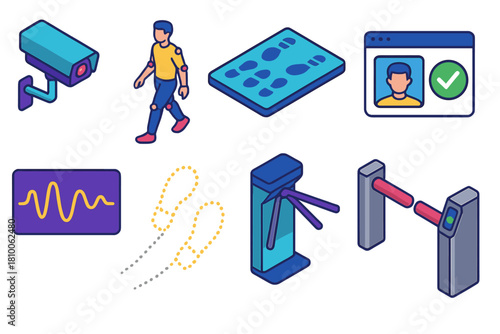Biometric Authentication Icons. Isometric vector illustration set Biometric authentication – gait analysis camera, motion capture