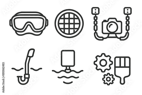 Underwater Visibility Icons. Line style icons of underwater visibility tools: dive mask with clear lens, pool lighting grid,