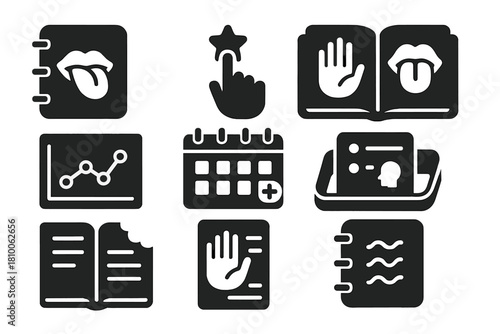 Texture Flavor Icons. Solid style icons of texture flavor journaling: taste diary icon, feel rating star, hand-taste logbook.