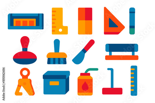 Printshop Accessories Icons. Flat vector icons of Printshop Accessories: composing stick, type gauge, spacing material, corner