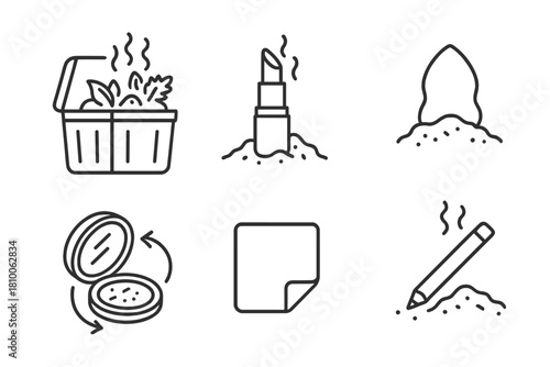 Compostable Beauty Icons. Line style icons of composting biodegradable makeup: open compost bin with beauty waste, lipstick tube