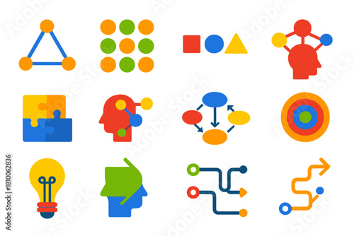 Abstract Thinking Icons. Flat vector icons of development of abstract thinking: geometric diagram, pattern recognition, symbolic