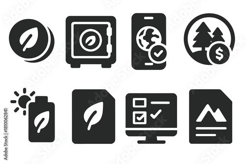 Climate DAO Icons. Solid style icons of climate-focused DAOs: carbon offset token, green DAO vault, on-chain sustainability score.