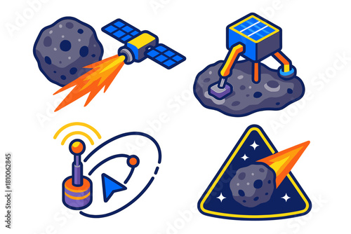 Space Exploration Icons. Isometric vector illustration set Space exploration – comet rendezvous, nucleus shape, jets plume;