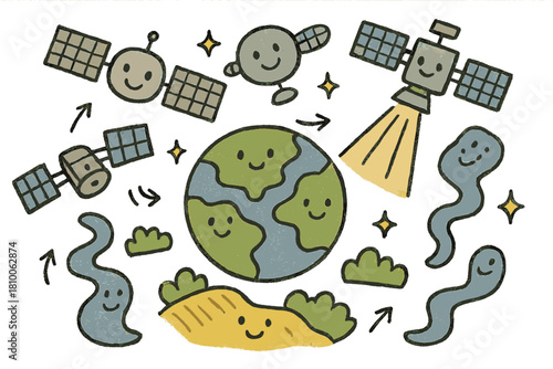 Whimsical Satellite Imagery. Whimsical doodle satellite imagery lab with smiling satellites, cartoon beams scanning Earth,