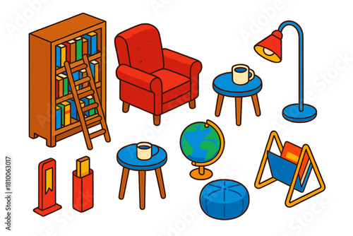 Vibrant Home Library. Isometric vector illustration set Interior layout – home library armchair, reading lamp, bookcase; ladder