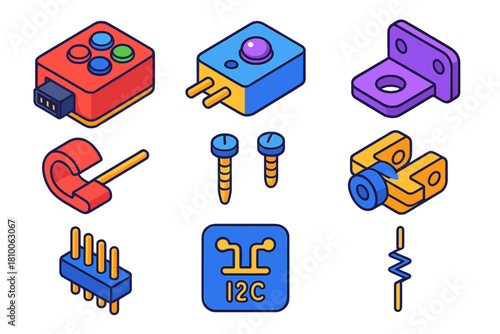 Robotics Components Icons. Isometric vector illustration set Robotics kits – color sensor, ambient light sensor, holder bracket;