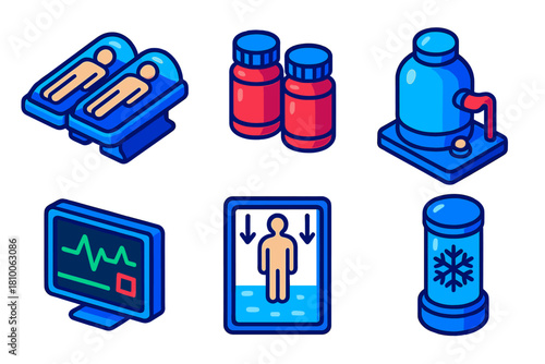 Cryonics Protocol Essentials. Isometric vector illustration set Cryonics protocol: patient stabilization beds, vitrification