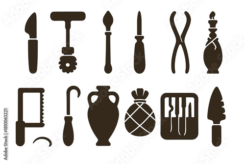 Ancient Surgical Tools Icons. Solid style icons of ancient surgical tools: bronze scalpel, trepanation drill, cautery iron,