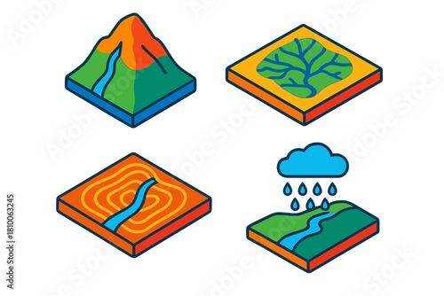 Watershed Geography Illustration. Isometric vector illustration set Watershed Geography: Dividing ridge, drainage basin map,
