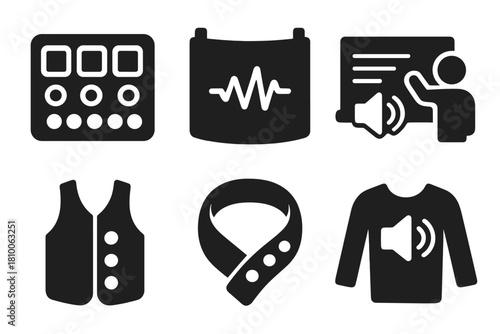 Educational Sound Fabrics. Solid style icons of educational sound fabrics: learning patch panel, soundwave teaching cloth,