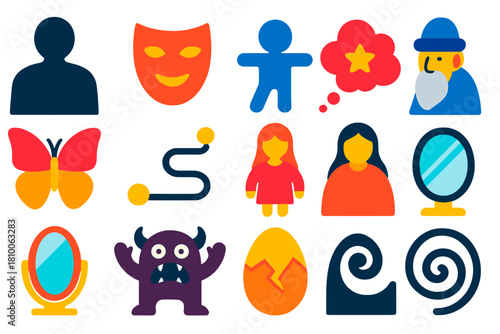 Psychological Fairy Tale Icons. Flat vector icons of psychological fairy tale themes: shadow figure, archetype mask, inner child