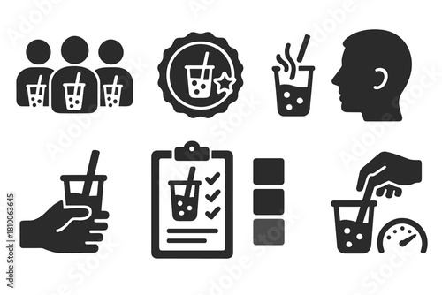 Bubble Tea Quality Icons. Solid style icons of quality control in bubble tea: taste panel icon, sample approval badge, aroma