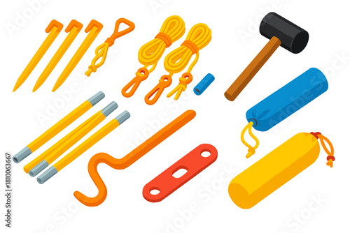 Camping Gear Collection. Isometric vector illustration set Camping essentials – tent stakes, guylines, mallet; tent poles, repair