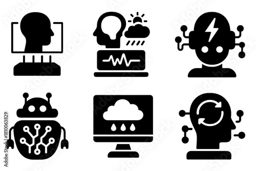 Climate AI Icons. Solid style icons of climate modeling AIs: holographic interface heads, data wave processors, forecasting brains
