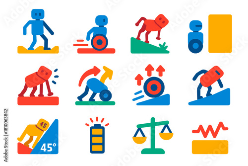 Robot Movement Icons. Flat vector icons of robot and animal movement challenges: sinking foot, sliding wheel, tilted body,