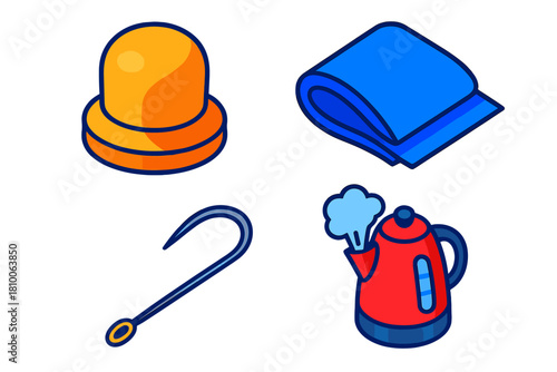 Millinery Tools Icons. Isometric vector illustration set Millinery Tools: Wooden blocking form, soft felt sheet, curved hat needle