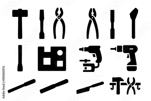 Forging Tools Icons. Solid style icons of Forging Tools: Hammer, Tongs, Pliers, Punch, Chisel, Swage Block, Vise, Drill, File,