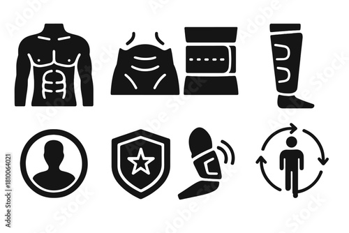 Pneumatic Therapy Icons. Solid style icons of pneumatic therapy for men: masculine torso glyph, abdominal tone arc, chest wrap