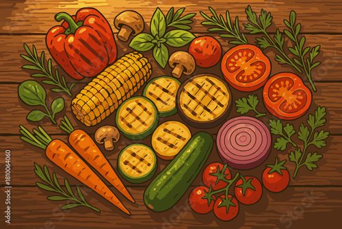 Grilled Vegetable Feast. Rustic wooden table filled with a vibrant assortment of grilled vegetables and herbs, warm natural