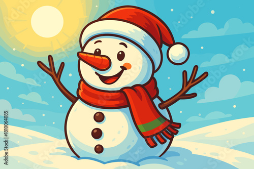 Cheerful Snowman in Sunlight. Close-up of a cheerful snowman standing in a snowy field under bright sunlight, vibrant and festive