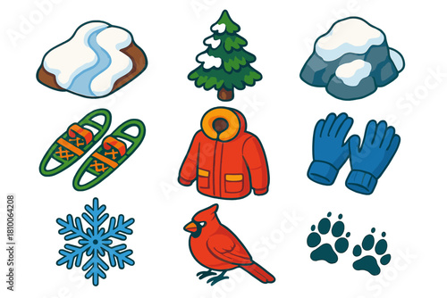 Winter Hiking Icons. Isometric vector illustration set Hiking trails – snow-covered trail, pine tree, frost-covered rock;