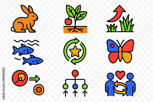 Evolutionary Diagrams. Isometric vector illustration set Apparent purposefulness in organisms: animal functional traits, plant