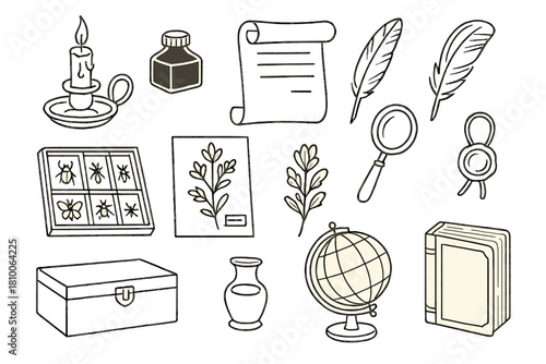 Naturalist Desk Icons. Line style icons of naturalist desk: candle holder, ink bottle, parchment, feather pen; specimen tray,