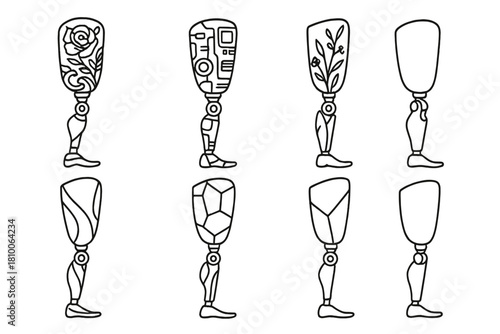 Artistic Prosthetic Icons. Line style icons of artistic prosthetic limb designs: tattoo-style cover, cyberpunk-inspired leg,