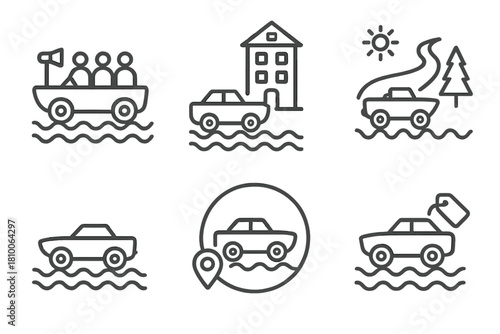 Amphibious Car Tourism Icons. Line style icons of amphibious car in tourism industry: guided tour in amphibious vehicle, hotel