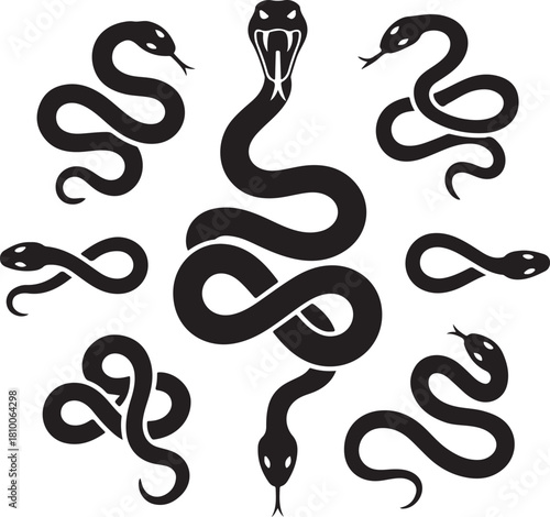 Multiple black snake silhouettes are posed in a variety of menacing shapes and stances over white