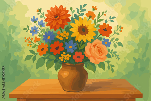 Rustic Flower Bouquet. Vibrant bouquet of flowers in a rustic vase on a wooden table, soft vector illustration natural lighting,