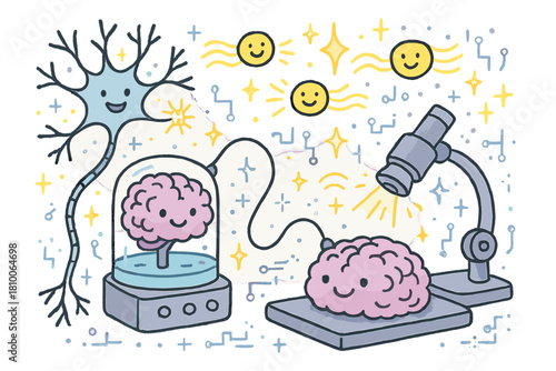 Whimsical Optogenetics Lab. Whimsical doodle futuristic optogenetics lab with smiling brain models, cartoon neurons firing with