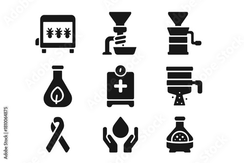Protein Processing Icons. Solid style icons of protein processing methods: insect drying chamber, defatting machine, grinding mill