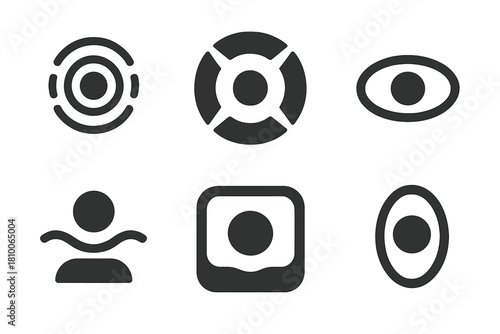 Acoustic Trap Dynamics Icons. Solid style icons of acoustic trap dynamics: ring of sound badge, pressure trap with central dot,