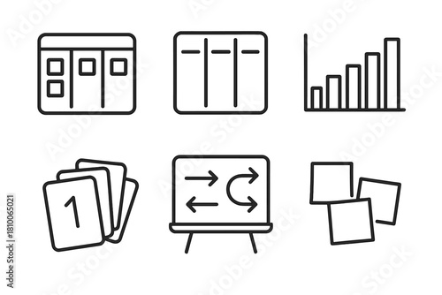 Agile Tools Icons. Line style icons of Agile collaboration tools: task board icon, Kanban lane, sprint backlog chart, planning