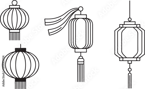 Outlined Chinese lanterns of various shapes hang elegantly with delicate tassel and ribbon details