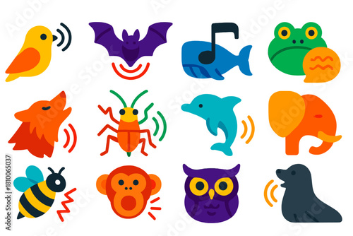 Animal Communication Icons. Flat vector icons of Animal Communication: bird call, bat echolocation, whale song note, frog croak,