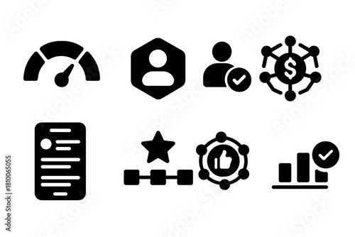 Decentralized Reputation Icons. Solid style icons of decentralized reputation systems: trust score meter, on-chain profile badge,