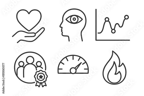 Emotional Intelligence Icons. Line style icons of emotional intelligence: empathy heart, self-awareness icon, emotion wave chart,