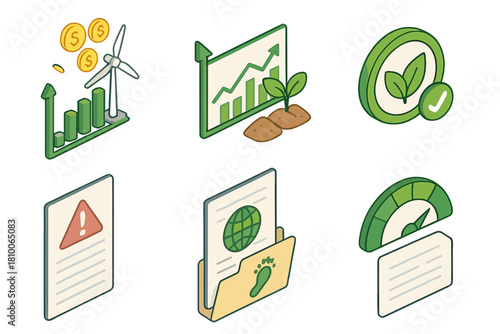 Ethical Investment Icons. Isometric vector illustration set of Ethical investing: wind dividend chart, organic farming index, net