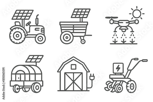 Solar-Powered Farming Icons. Line style icons of solar-powered farming vehicles: solar tractor sketch, harvest cart with panel,