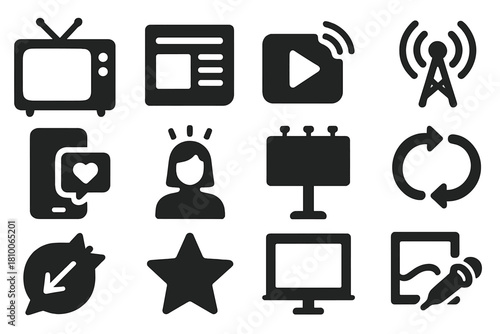 Icons of Media Persuasion. Solid style icons of persuasion in media: TV screen, newspaper page, viral video icon, radio tower,