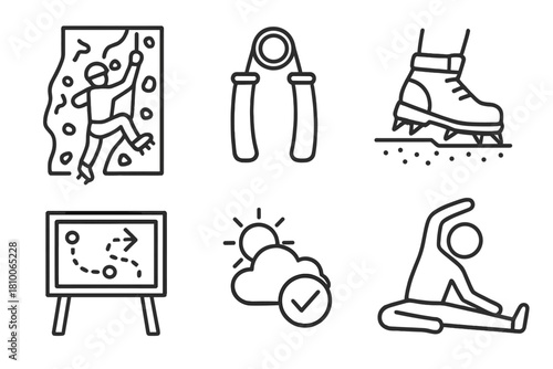 Climbing Preparation Icons. Line style icons of training and preparation: climbing wall with ice texture, grip strength tool,