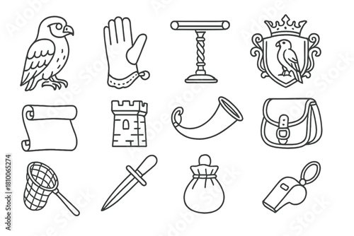 Falconry Icon Collection. Line style icons of historic falconry: hooded falcon, hunting glove, medieval perch, noble crest; scroll